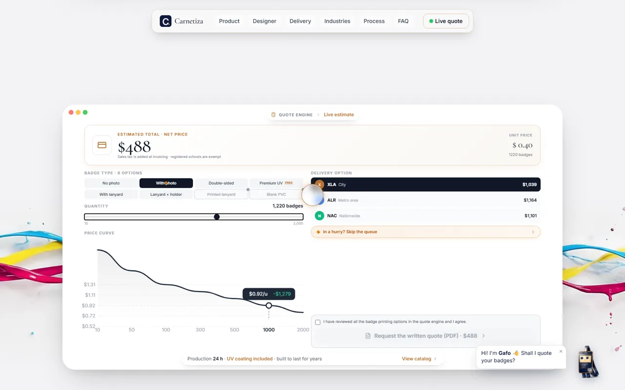Live quoting engine: badge type, quantity slider, volume price curve and delivery options, with the total updating live