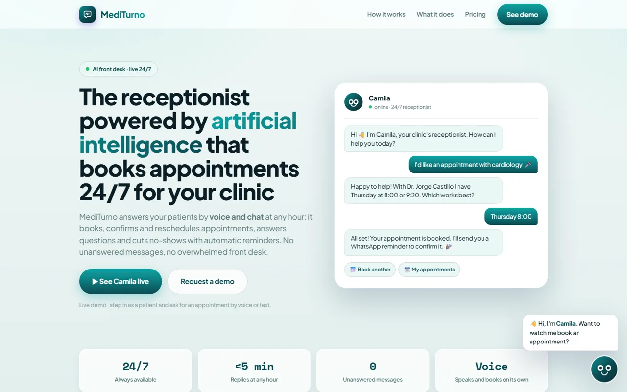 Booking assistant for clinics, showing the problem it solves and the live chat that takes the appointment